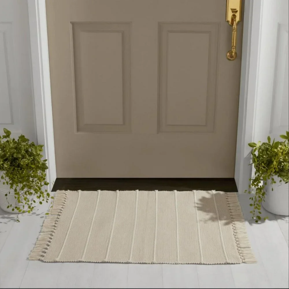 NEW Indoor Outdoor Rug Beige Cream Stripe 24